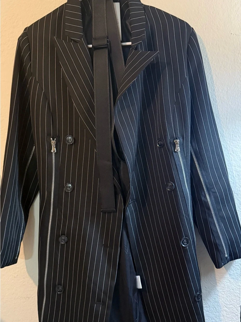 Fashion Nova Black Pinstripe Double-Breasted Blazer with Silver Zippers